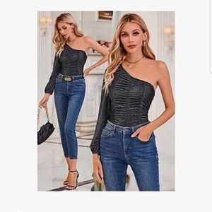 Kate Kasin Women's Bodysuit Tops One Shoulder Long Sleeve Top Ruched Sexy Bodysu